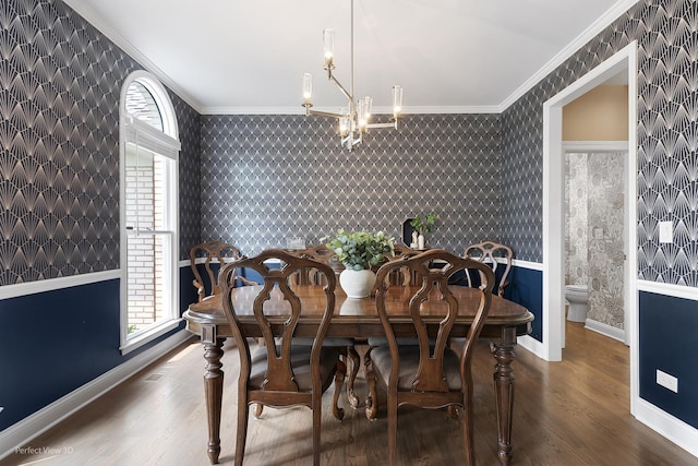 18089 W Pond Ridge Cir, Gurnee, IL 60031 - dining space with wallpapered walls, a chandelier, crown molding, plenty of natural light, and baseboards
