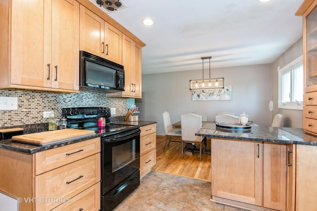 21W353 Drury Ln, Lombard, IL 60148 - kitchen with black appliances, light brown cabinetry, backsplash, a peninsula, and recessed lighting