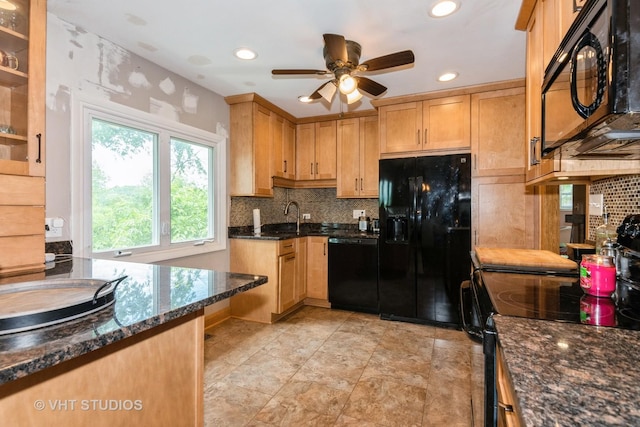 21W353 Drury Ln, Lombard, IL 60148 - kitchen with black appliances, decorative backsplash, dark stone counters, ceiling fan, and recessed lighting