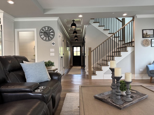 35 E Woodworth Pl, Roselle, IL 60172 - living room featuring baseboards, stairs, wood finished floors, recessed lighting, and crown molding