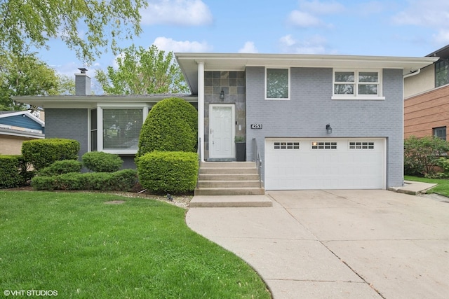 4253 Grove St, Skokie, IL 60076 - view of front facade featuring a chimney, an attached garage, a front lawn, brick siding, and driveway