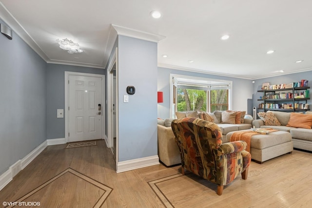 4253 Grove St, Skokie, IL 60076 - living room featuring crown molding, baseboards, light wood-style flooring, and recessed lighting