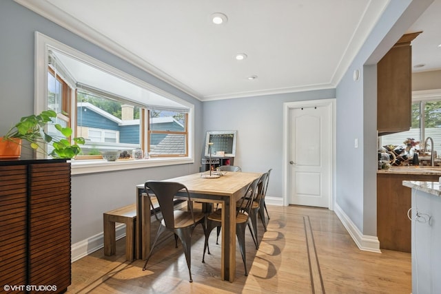 4253 Grove St, Skokie, IL 60076 - dining room featuring baseboards, light wood-style floors, recessed lighting, and ornamental molding