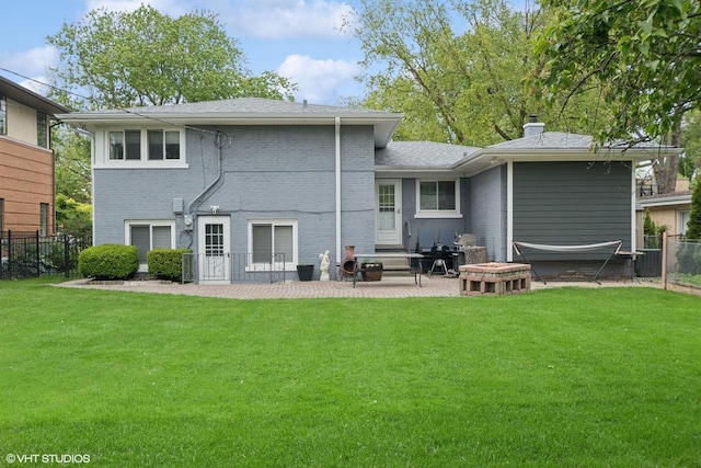 4253 Grove St, Skokie, IL 60076 - rear view of property featuring a patio, brick siding, a chimney, and entry steps