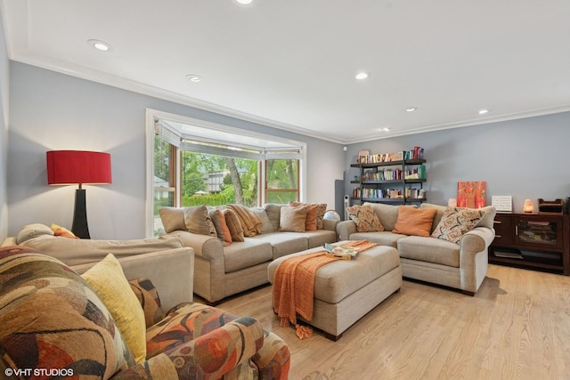 4253 Grove St, Skokie, IL 60076 - living room featuring light wood-style floors, crown molding, and recessed lighting