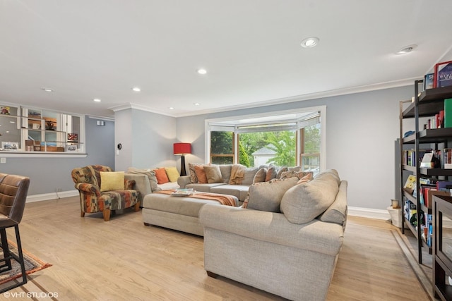 4253 Grove St, Skokie, IL 60076 - living room featuring crown molding, baseboards, light wood finished floors, and recessed lighting