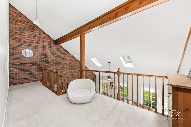 1309 Brunswick Ct, Naperville, IL 60540 - interior space with brick wall, a skylight, carpet flooring, and high vaulted ceiling
