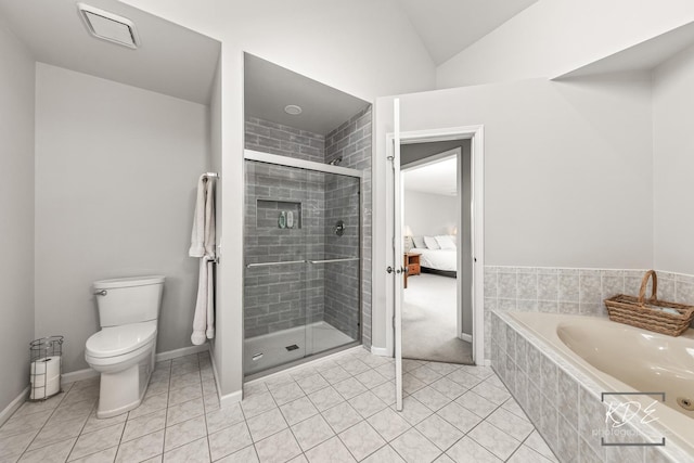 1309 Brunswick Ct, Naperville, IL 60540 - ensuite bathroom with a garden tub, tile patterned floors, a stall shower, toilet, and lofted ceiling
