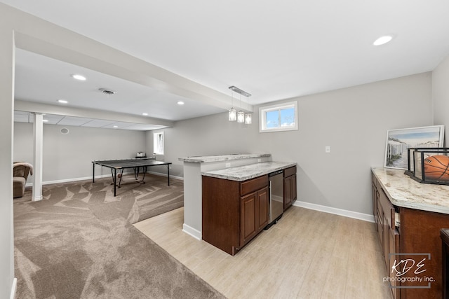 1309 Brunswick Ct, Naperville, IL 60540 - kitchen featuring baseboards, a peninsula, fridge, recessed lighting, and pendant lighting