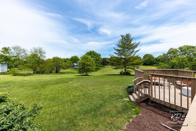 1309 Brunswick Ct, Naperville, IL 60540 - view of green lawn featuring a wooden deck and view of scattered trees