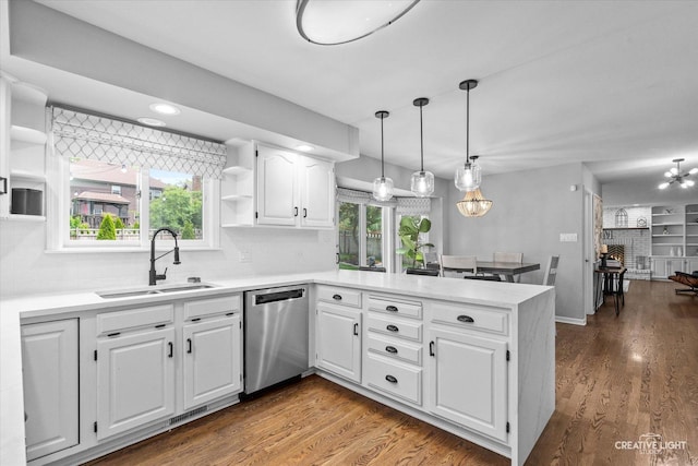 2255 University Dr, Naperville, IL 60565 - kitchen featuring dishwasher, a sink, open shelves, a chandelier, and a peninsula