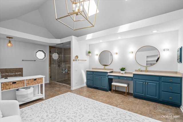 2255 University Dr, Naperville, IL 60565 - full bath featuring a stall shower, vanity, high vaulted ceiling, and recessed lighting