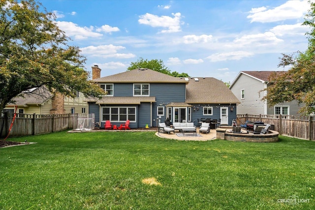 2255 University Dr, Naperville, IL 60565 - rear view of property featuring an outdoor living space with a fire pit, a patio, a chimney, and roof with shingles