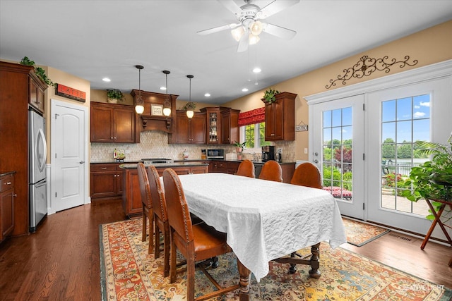 25700 Pastoral Dr, Plainfield, IL 60585 - dining area featuring dark wood-type flooring, a ceiling fan, and recessed lighting