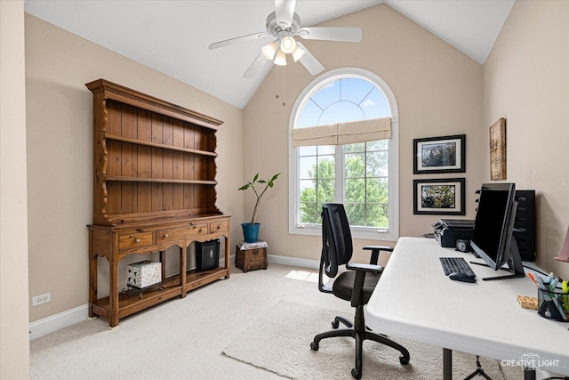 25700 Pastoral Dr, Plainfield, IL 60585 - home office featuring a ceiling fan, carpet, and high vaulted ceiling