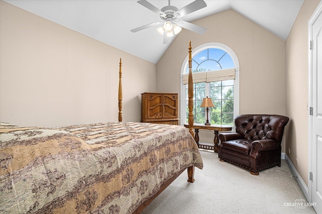 25700 Pastoral Dr, Plainfield, IL 60585 - bedroom featuring light colored carpet, vaulted ceiling, and ceiling fan