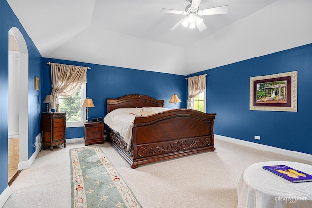 25700 Pastoral Dr, Plainfield, IL 60585 - carpeted bedroom featuring vaulted ceiling, ceiling fan, and arched walkways