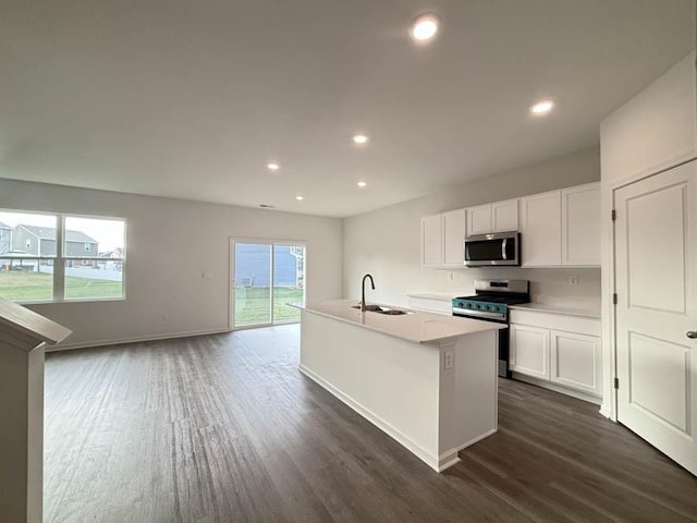 6900 Willow Dr, Wonder Lake, IL 60097 - kitchen featuring appliances with stainless steel finishes, a sink, dark wood finished floors, an island with sink, and recessed lighting