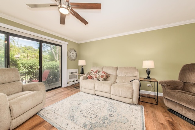 1033 Busse Hwy Unit 1D, Park Ridge, IL 60068 - living area with ornamental molding, ceiling fan, wood finished floors, and baseboard heating