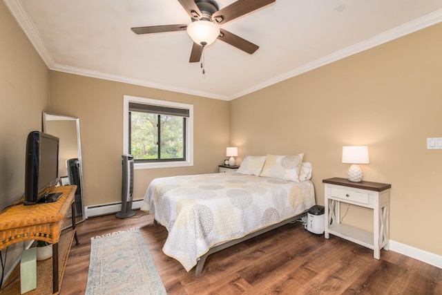 1033 Busse Hwy Unit 1D, Park Ridge, IL 60068 - bedroom featuring baseboard heating, wood finished floors, ornamental molding, baseboards, and a ceiling fan