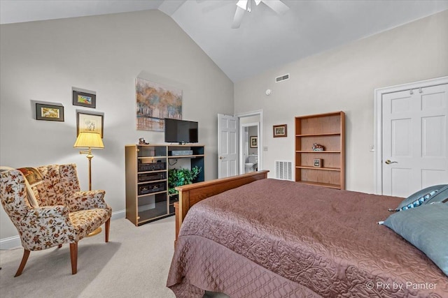 100 N River Ln Unit 409, Geneva, IL 60134 - carpeted bedroom with high vaulted ceiling, a ceiling fan, and baseboards