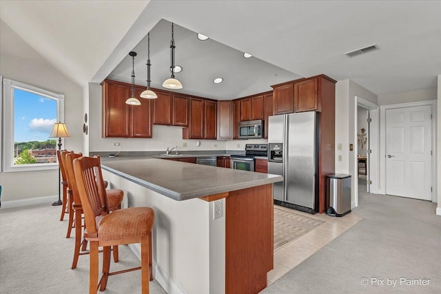 100 N River Ln Unit 409, Geneva, IL 60134 - kitchen featuring stainless steel appliances, a sink, a peninsula, lofted ceiling, and a breakfast bar