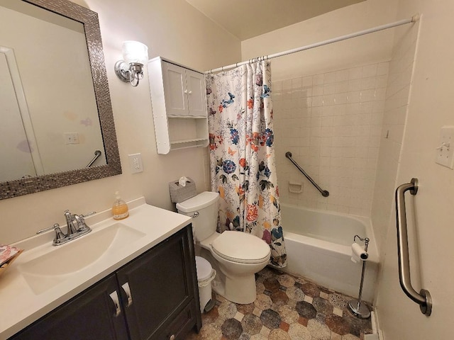 bathroom featuring toilet, vanity, and shower / bath combination with curtain