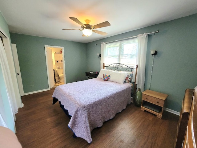 bedroom with wood finished floors, baseboards, and ceiling fan