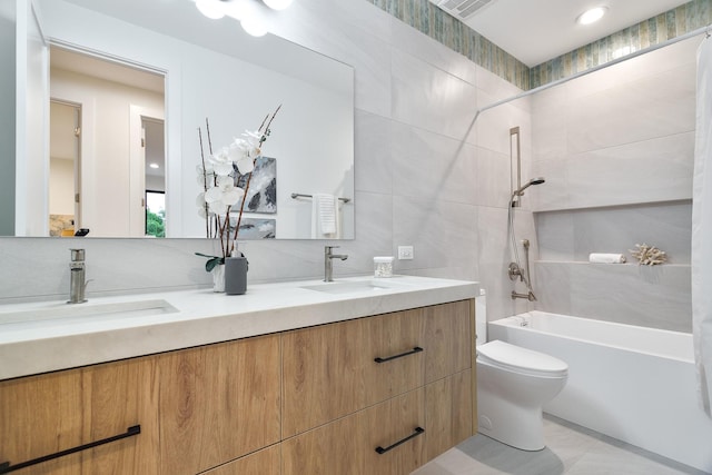 2049 W Race Ave, Chicago, IL 60612 - full bathroom featuring shower / bathtub combination, double vanity, toilet, and tile patterned floors