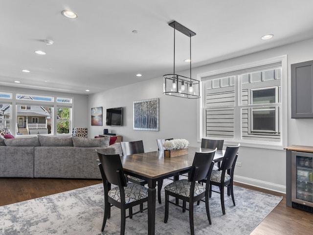 3619 Prairie Ave, Brookfield, IL 60513 - dining space featuring beverage cooler, wood finished floors, and recessed lighting