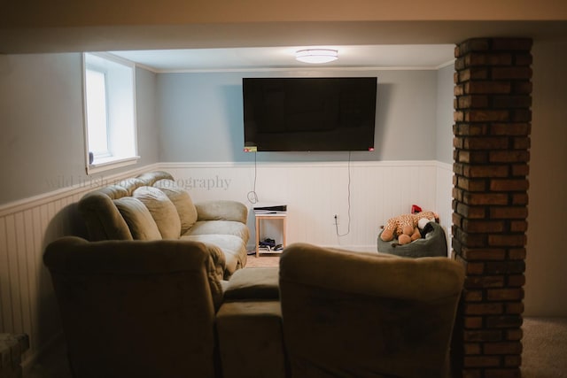 48 Norman St, Kankakee, IL 60901 - living room with a wainscoted wall, ornamental molding, and carpet