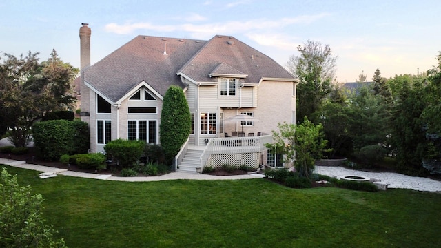 5 Todor Ct, Burr Ridge, IL 60527 - rear view of property with a chimney, a yard, a deck, stairs, and roof with shingles