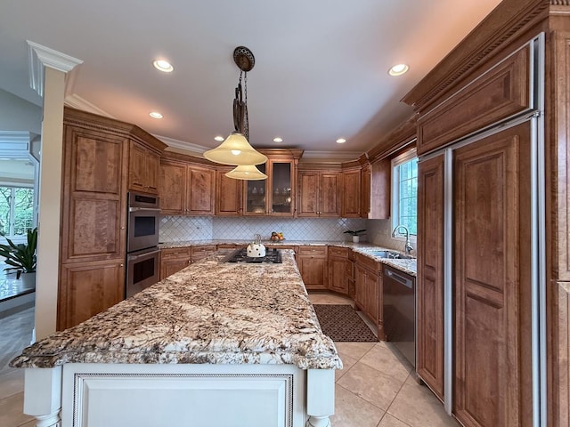 5 Todor Ct, Burr Ridge, IL 60527 - kitchen with stainless steel appliances, a sink, brown cabinets, a center island, and recessed lighting