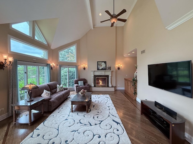 5 Todor Ct, Burr Ridge, IL 60527 - living area featuring high vaulted ceiling, baseboards, a premium fireplace, crown molding, and wood finished floors