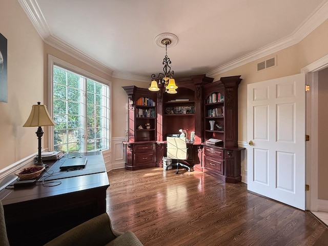 5 Todor Ct, Burr Ridge, IL 60527 - office area with crown molding, dark wood-style flooring, and a wainscoted wall