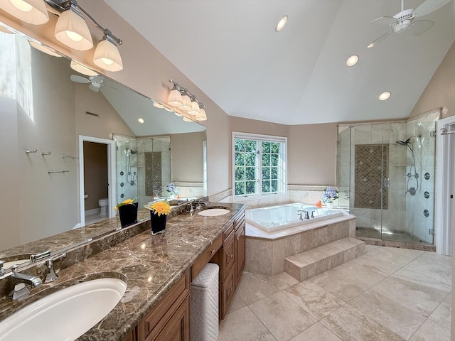 5 Todor Ct, Burr Ridge, IL 60527 - full bathroom featuring ceiling fan, toilet, a garden tub, a shower stall, and recessed lighting