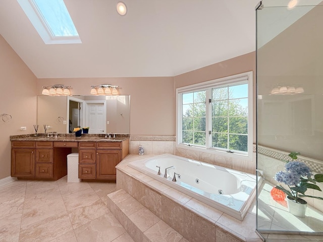 5 Todor Ct, Burr Ridge, IL 60527 - full bath with lofted ceiling, double vanity, a skylight, and a jetted tub