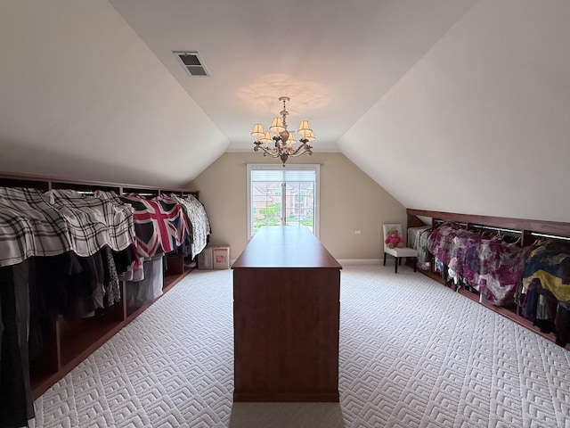 5 Todor Ct, Burr Ridge, IL 60527 - bedroom with light carpet, vaulted ceiling, a chandelier, and baseboards
