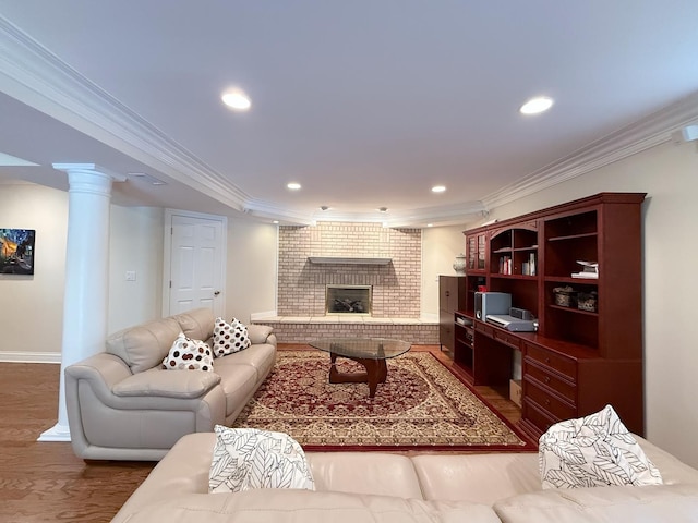 5 Todor Ct, Burr Ridge, IL 60527 - living area featuring dark wood-style flooring, crown molding, a fireplace, recessed lighting, and baseboards