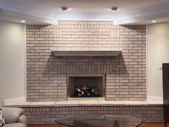 5 Todor Ct, Burr Ridge, IL 60527 - detailed view of a brick fireplace and crown molding