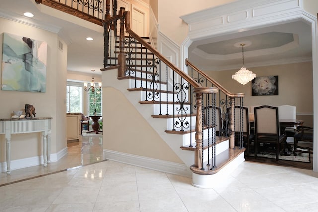 5 Todor Ct, Burr Ridge, IL 60527 - stairs with a chandelier, baseboards, recessed lighting, and crown molding