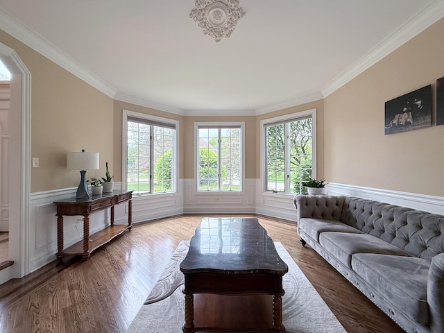 5 Todor Ct, Burr Ridge, IL 60527 - living area featuring ornamental molding, wainscoting, and wood finished floors