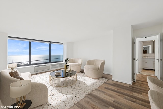 155 N Harbor Dr Unit 610, Chicago, IL 60601 - living area featuring wood finished floors, a wall unit AC, a water view, and baseboards
