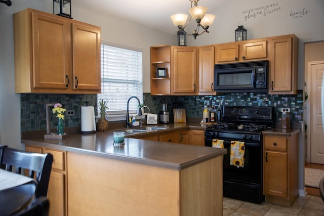 kitchen with black appliances, a sink, a peninsula, open shelves, and a chandelier