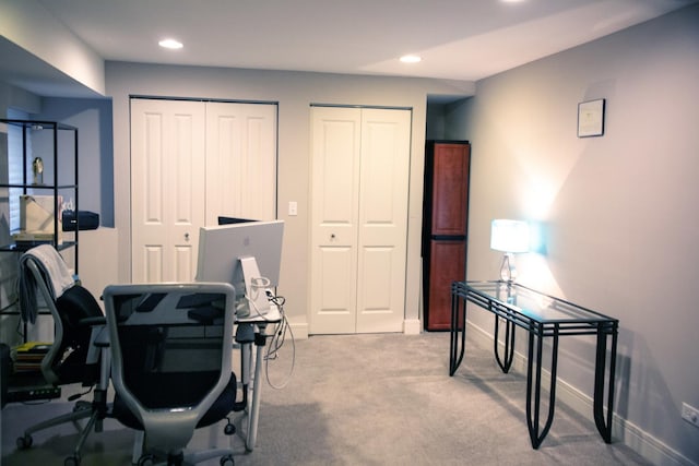 office with carpet floors, recessed lighting, and baseboards
