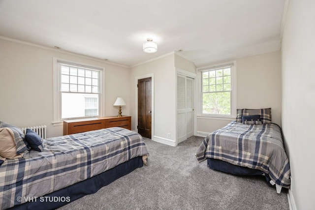 944 Fair Oaks Ave, Oak Park, IL 60302 - carpeted bedroom with radiator heating unit, crown molding, and a closet