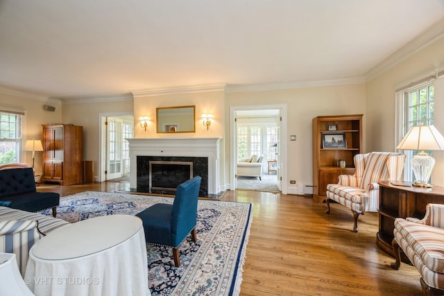 944 Fair Oaks Ave, Oak Park, IL 60302 - living area with baseboard heating, crown molding, wood finished floors, and a premium fireplace