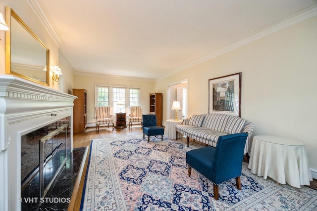 944 Fair Oaks Ave, Oak Park, IL 60302 - living area featuring crown molding, a glass covered fireplace, wood finished floors, and radiator