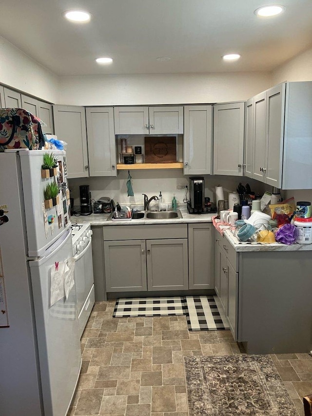 215-217 E Vermont St, Villa Park, IL 60181 - kitchen featuring white appliances, gray cabinetry, a sink, open shelves, and recessed lighting