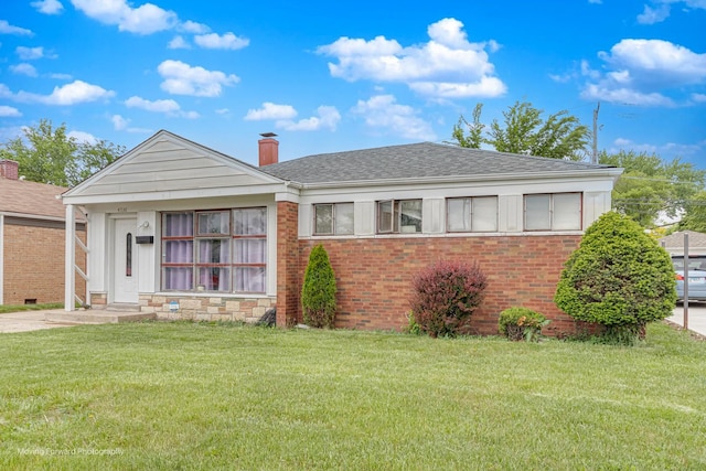 4536 W 79th Pl, Chicago, IL 60652 - view of front facade featuring a chimney, brick siding, a front lawn, and a shingled roof